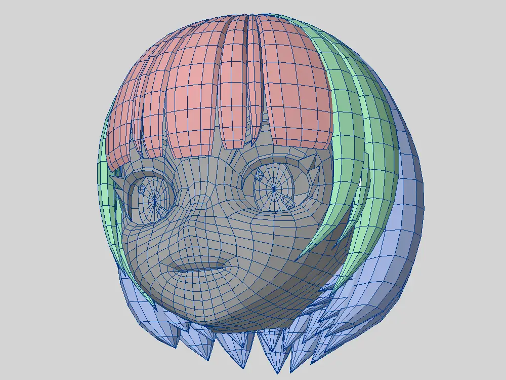 髪の毛を三つの部位に分けてモデリングした顔