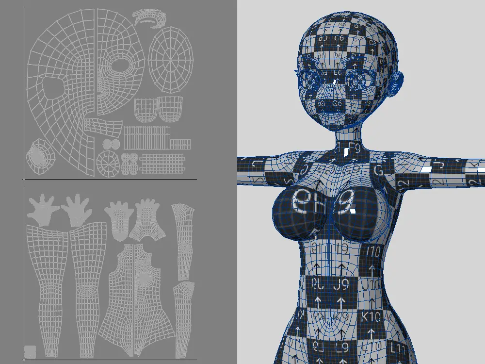 UVチェッカーを貼った素体とUVマップ